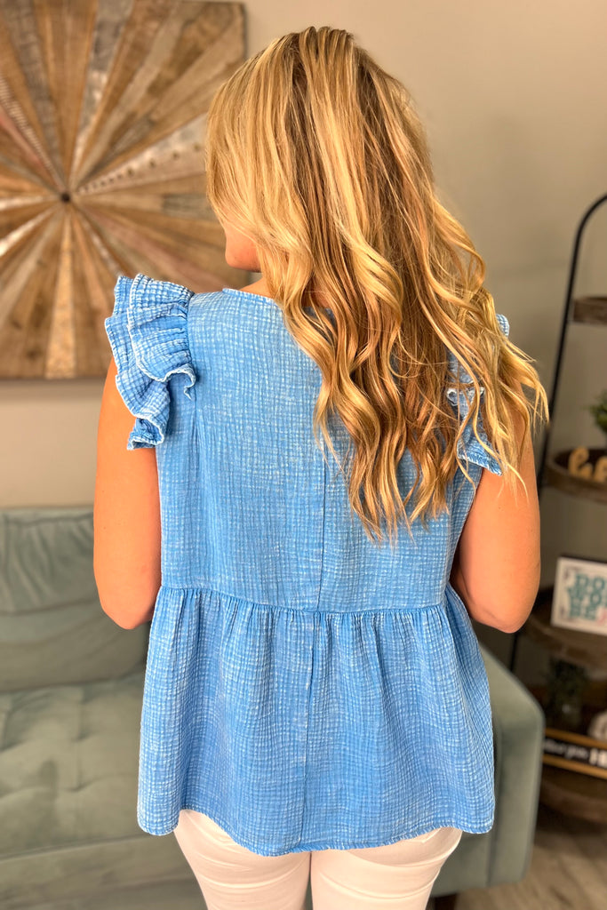 CHARITY Acid Washed Ruffle Top (Sky Blue) - Sassy & Southern