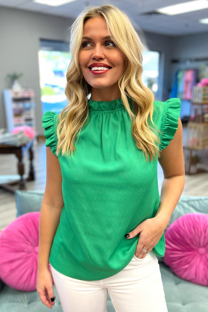 ELSIE Ruffled Neck Top (Green) - Sassy & Southern