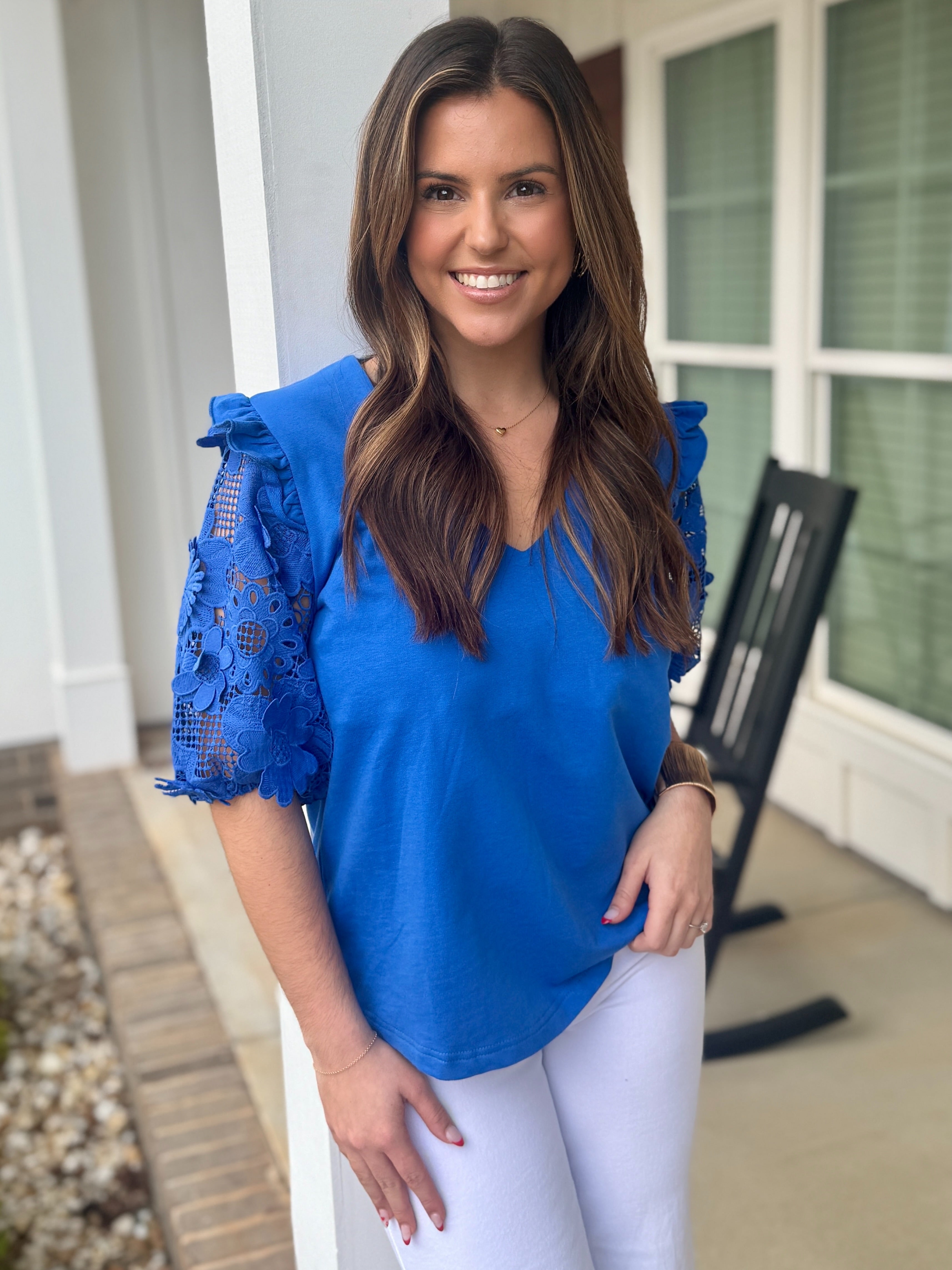 JANE Floral 3D Lace Sleeve Top (Blue) | Women's | Sizes S-XL