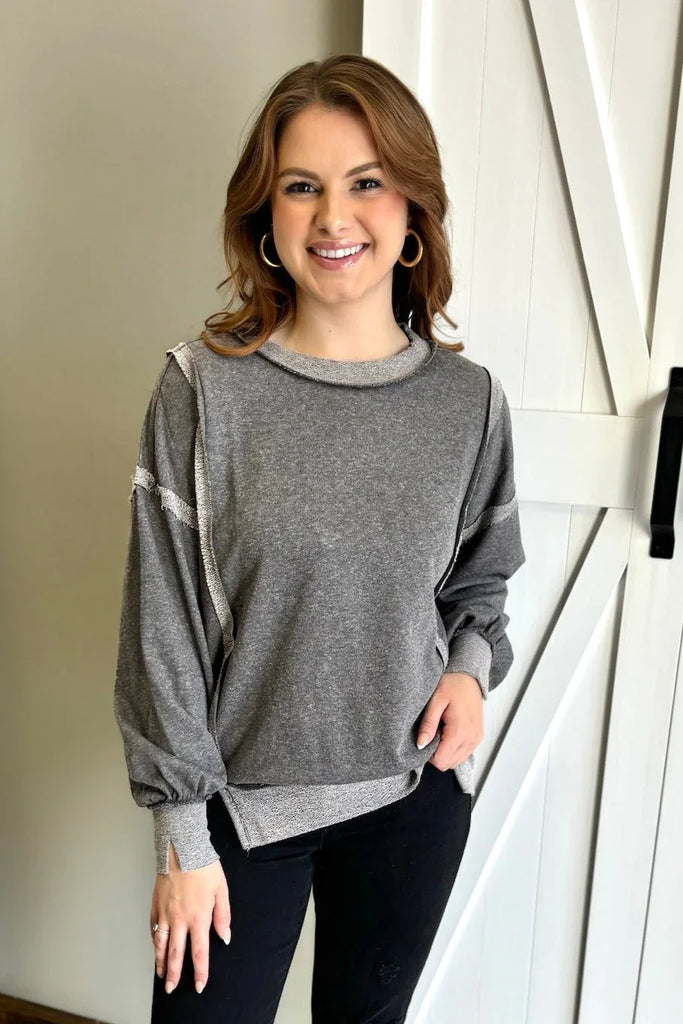 BREE Washed Wide Seam Sweatshirt - Charcoal - Sassy and Southern