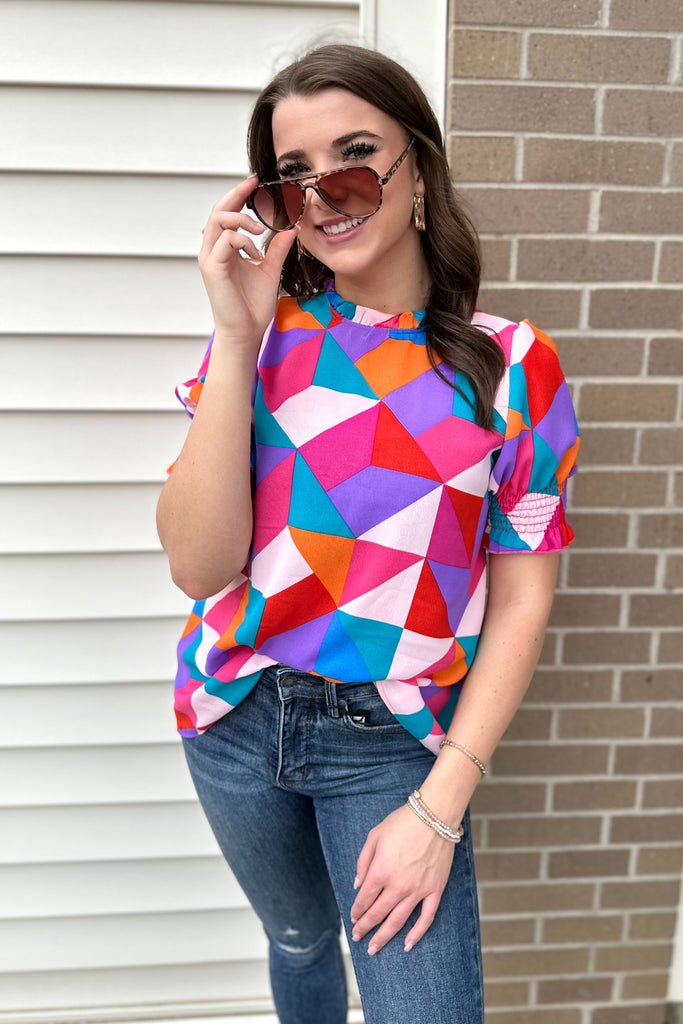 ZELIE Smocked Geometric Print Top - Sassy & Southern