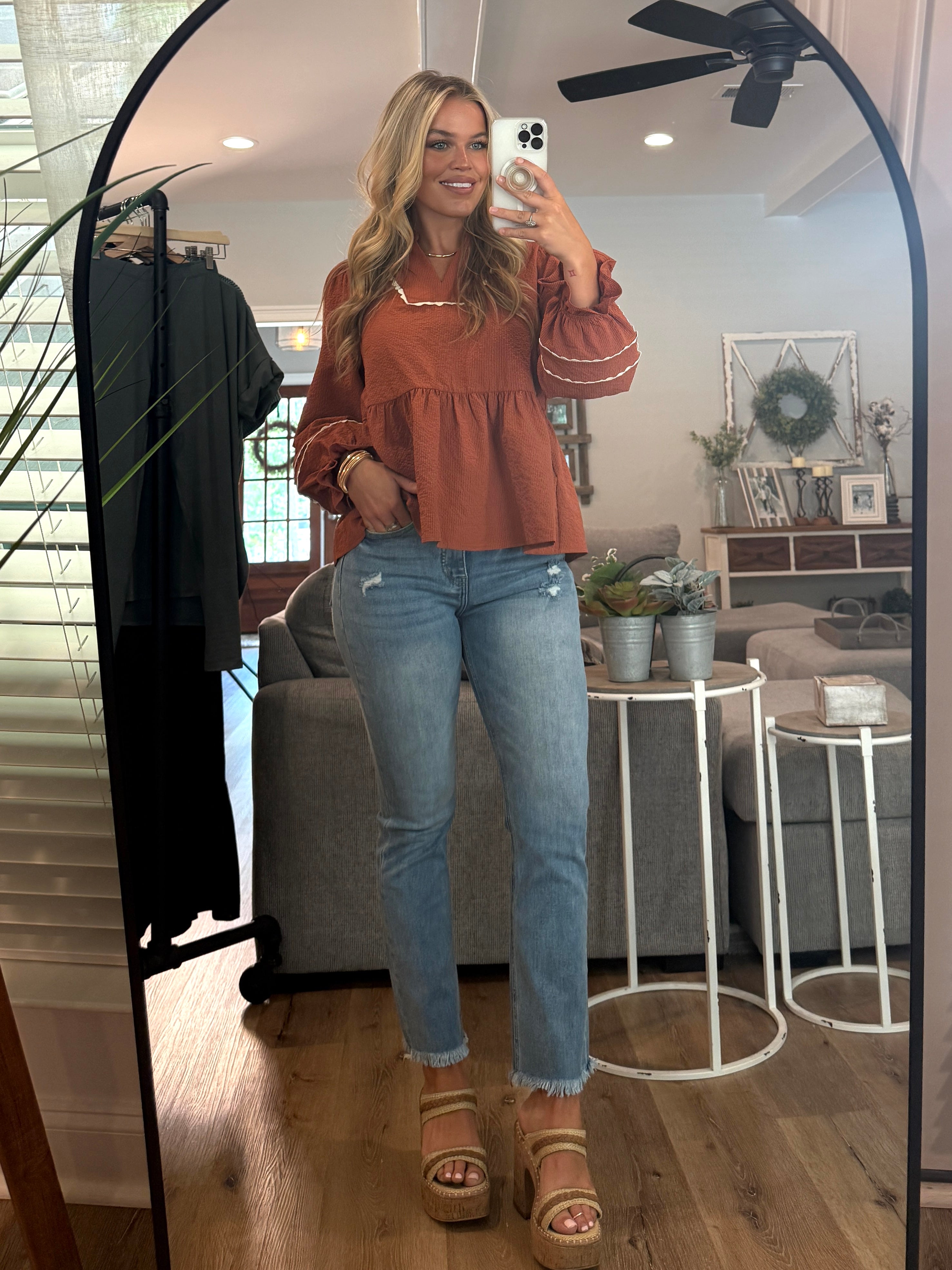 BAILEY Long Sleeve Ric Rac Trim Top in Toffee - Sassy and Southern