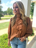 MARGARET Dressy Blouse With Bow Center (Toffee) - Sassy and Southern