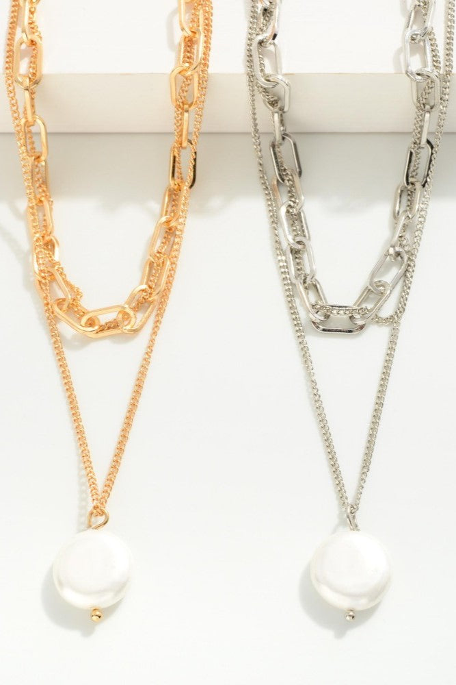 Layered Chain Link Necklace With Simple Pearl (Gold or Silver) - Sassy & Southern