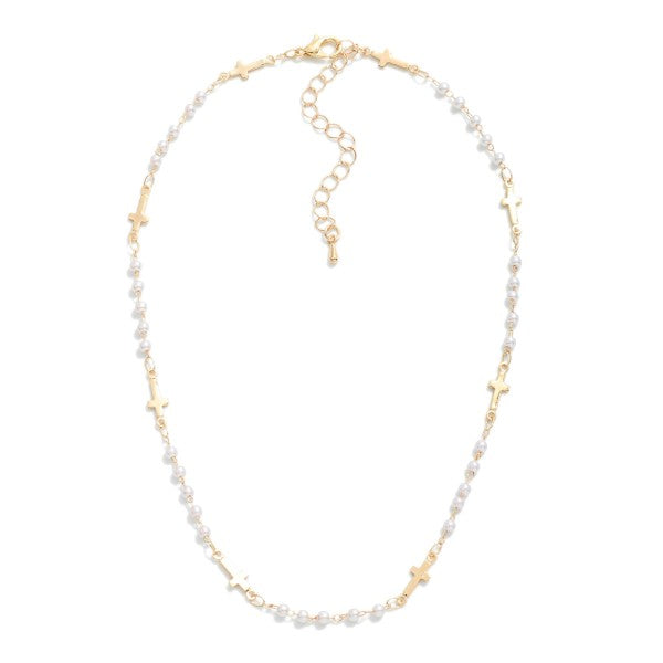 Tiny Cross & Pearl Mixed Necklace (Gold) - Sassy & Southern