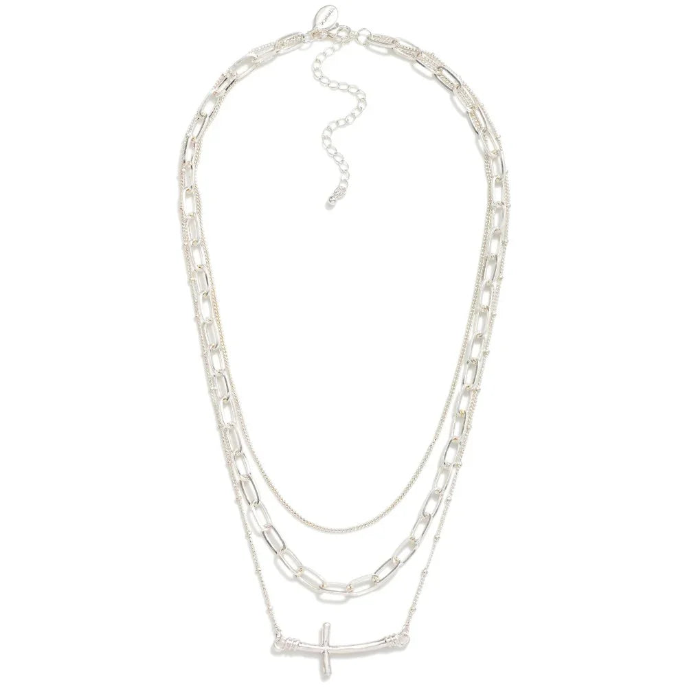 Layered Cross Necklace (Worn Silver) - Sassy and Southern