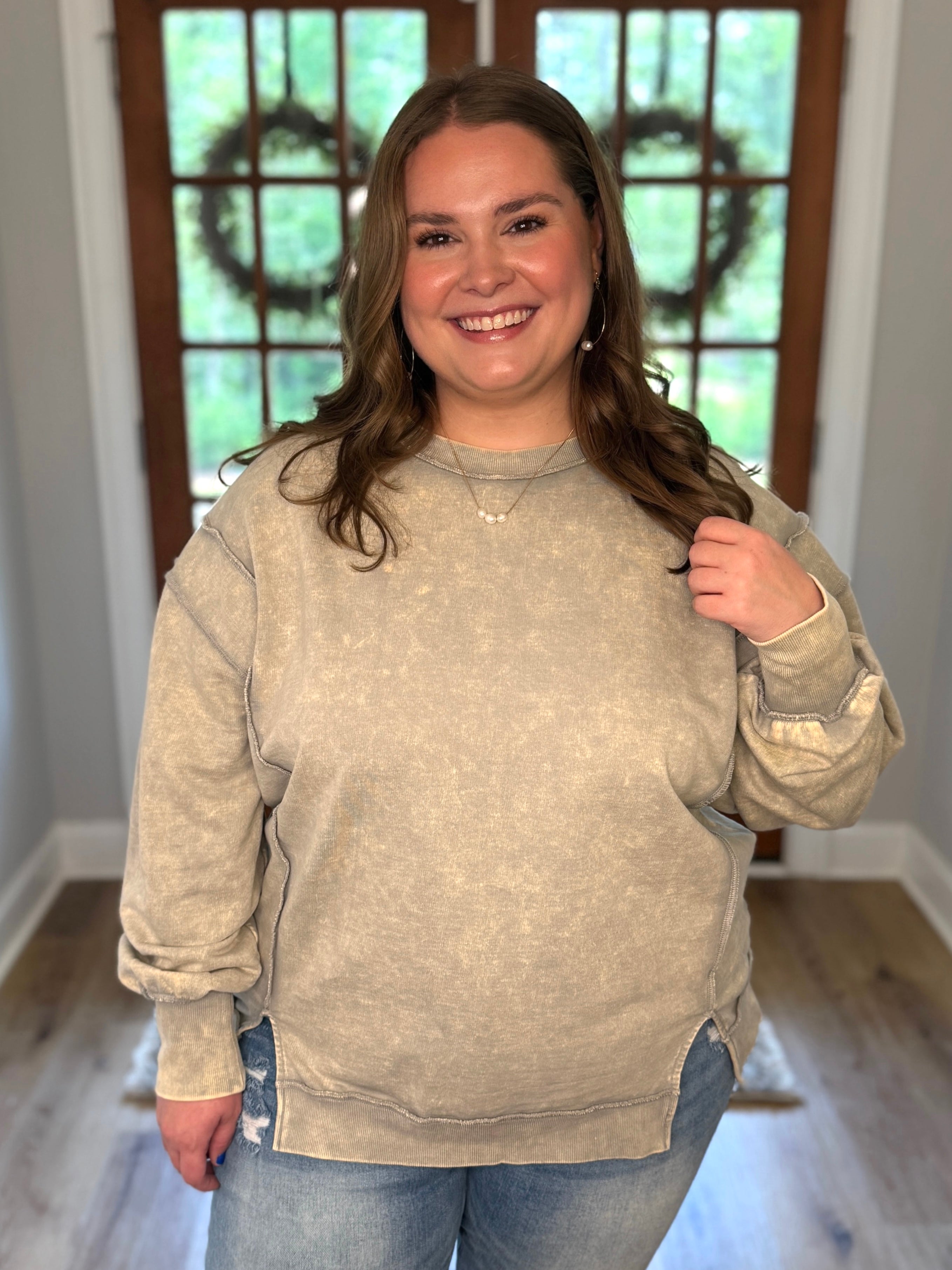 IVY Unfinished Hem Acid Sweatshirt (Sleet) (S-3X) - Sassy and Southern