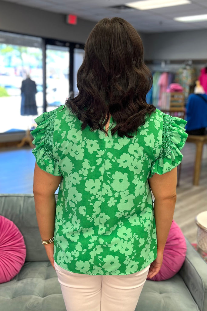 EVA Smocked Frill Shoulder Top (Green Floral) - Sassy & Southern