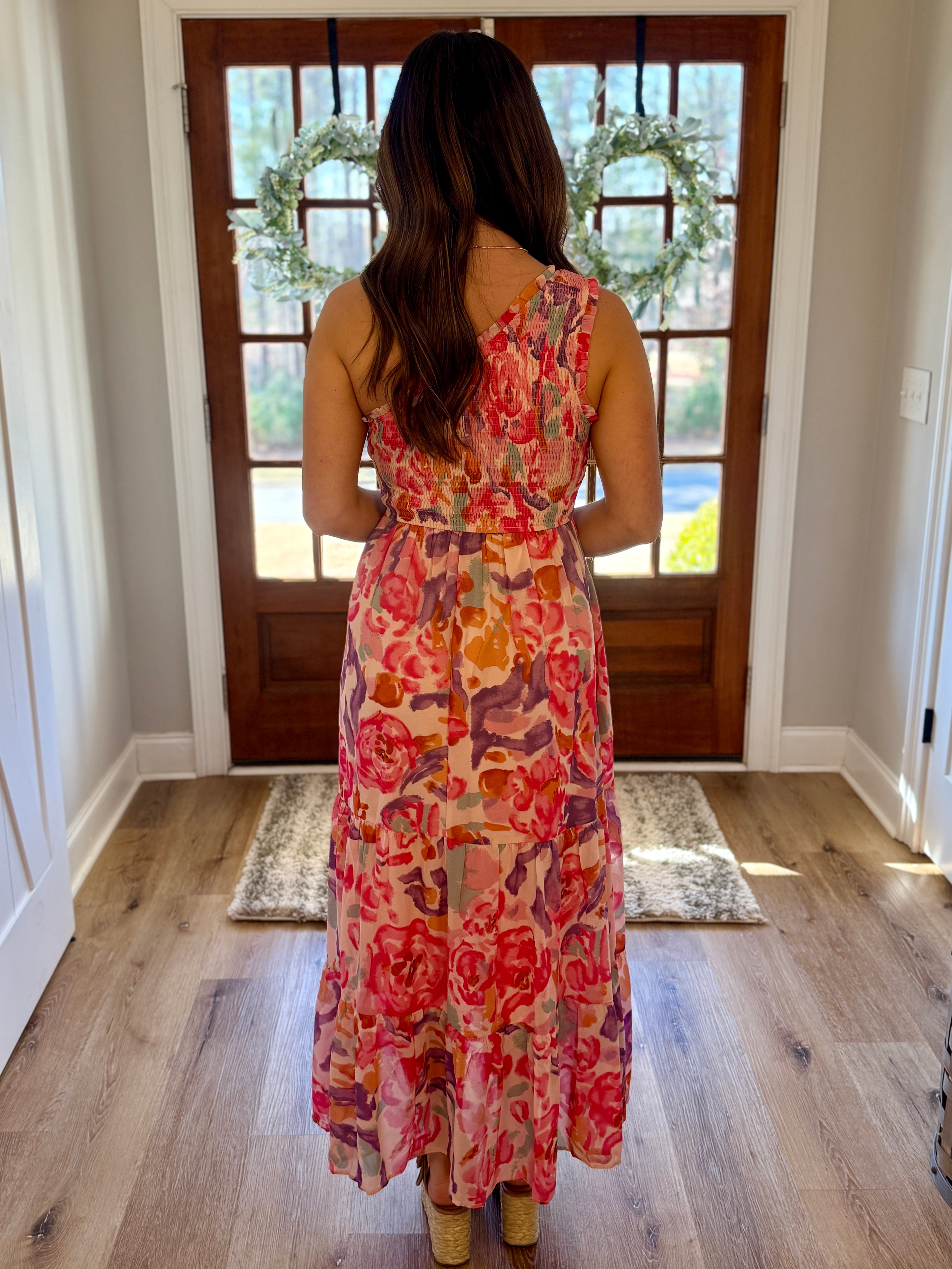red floral one shoulder dress Anything Goes Red One Shoulder Geometric Floral Print Maxi Dress