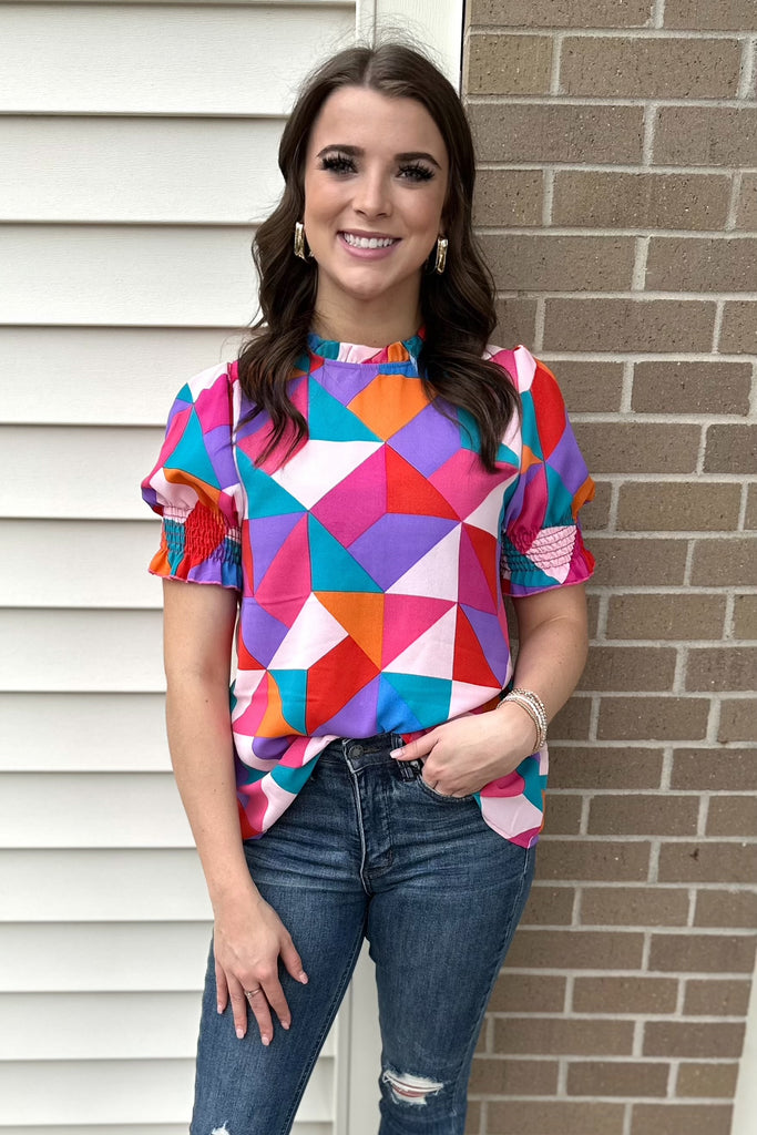 ZELIE Smocked Geometric Print Top - Sassy & Southern