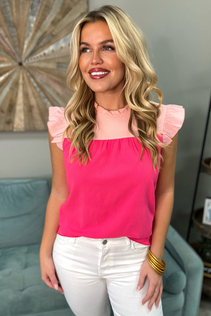 MAGGIE Two Tone Ruffle Top (Hot Pink) - Sassy & Southern