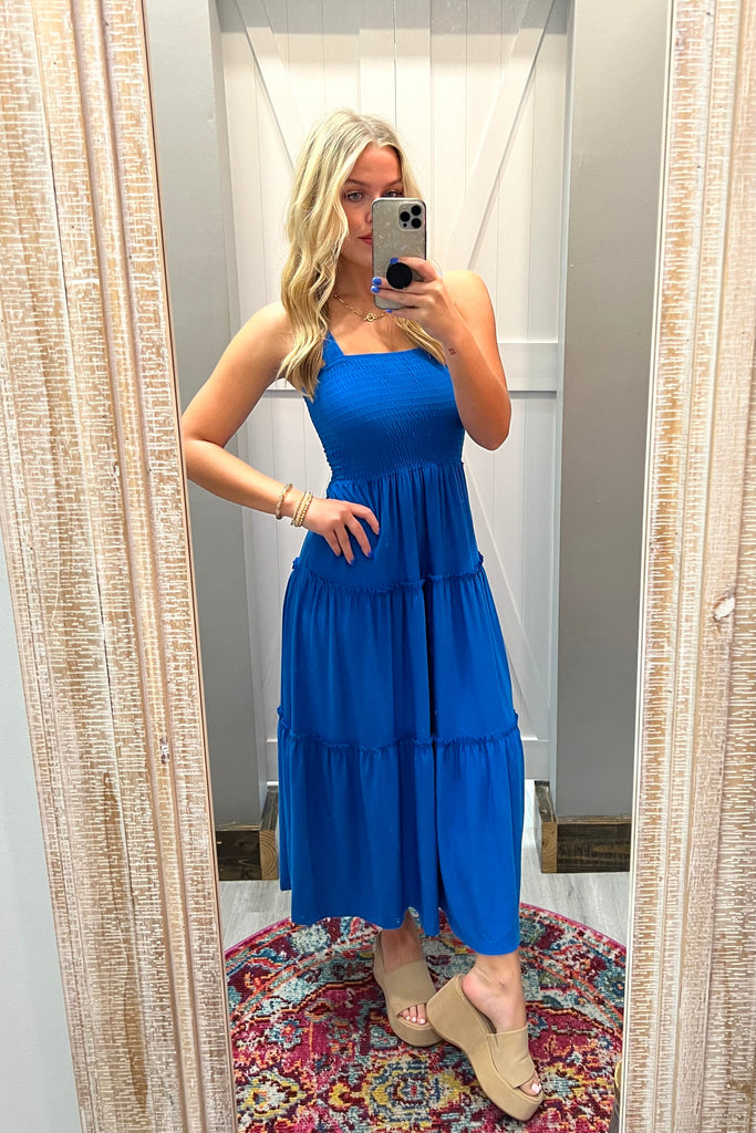 CHARLOTTE Smocked Midi Dress (Ocean Blue) - Sassy & Southern