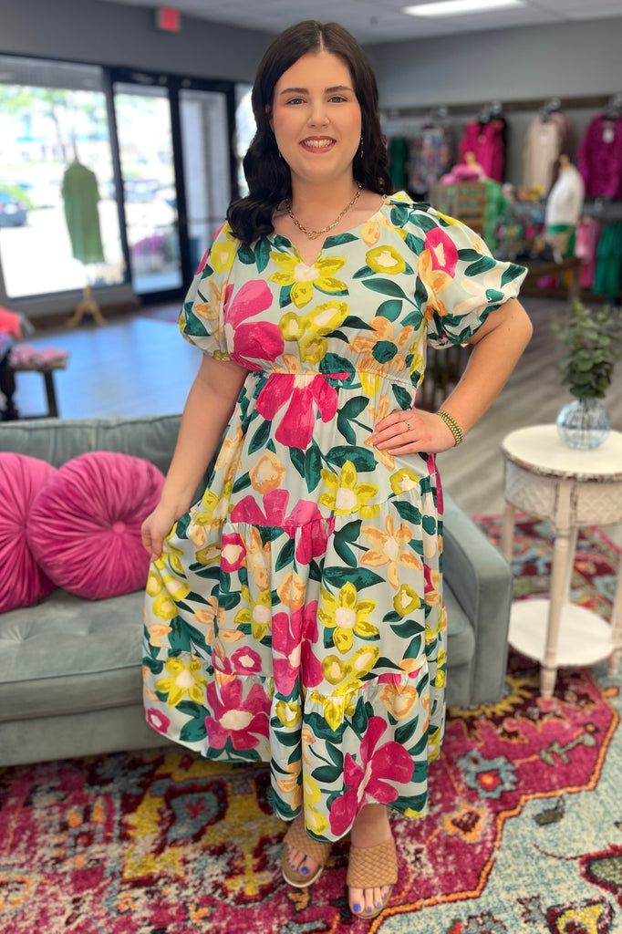 LILLY Floral Balloon Sleeve Maxi Dress (Mint) - Sassy & Southern