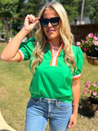LENNON Green Top With Striped Sleeves/Neck - Sassy and Southern