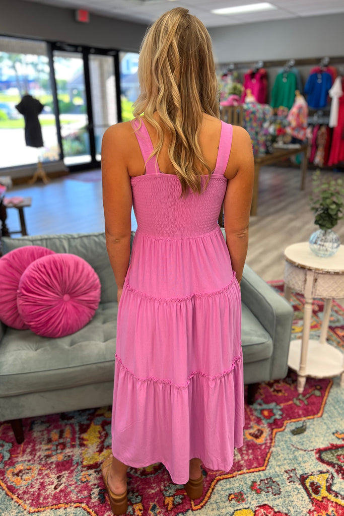 CHARLOTTE Smocked Midi Dress (Pink) - Sassy & Southern