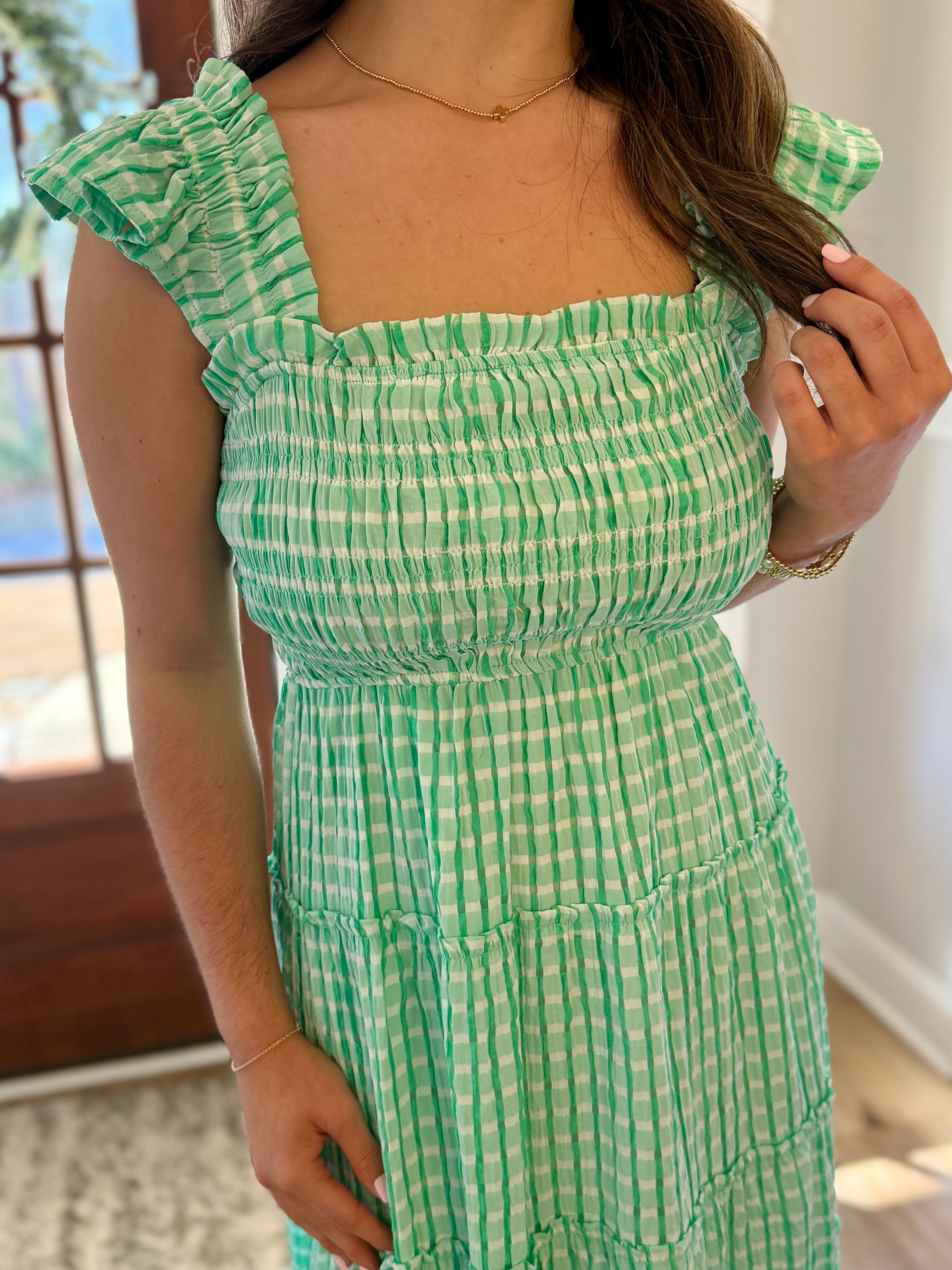 topshop green gingham dress Small ISABELLE Smocked Maxi/Midi (Green) Gingham midi