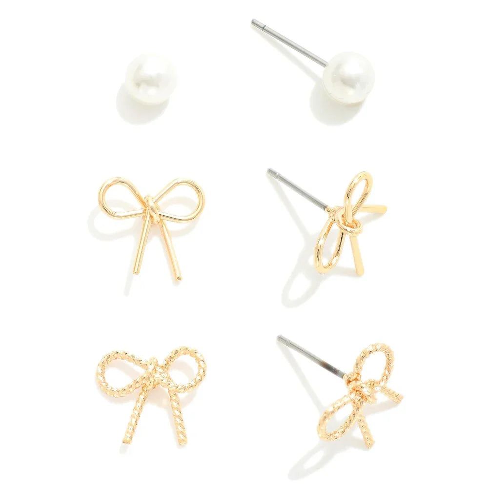 Set of 3 Stud Earrings Bows/Pearls - Sassy and Southern