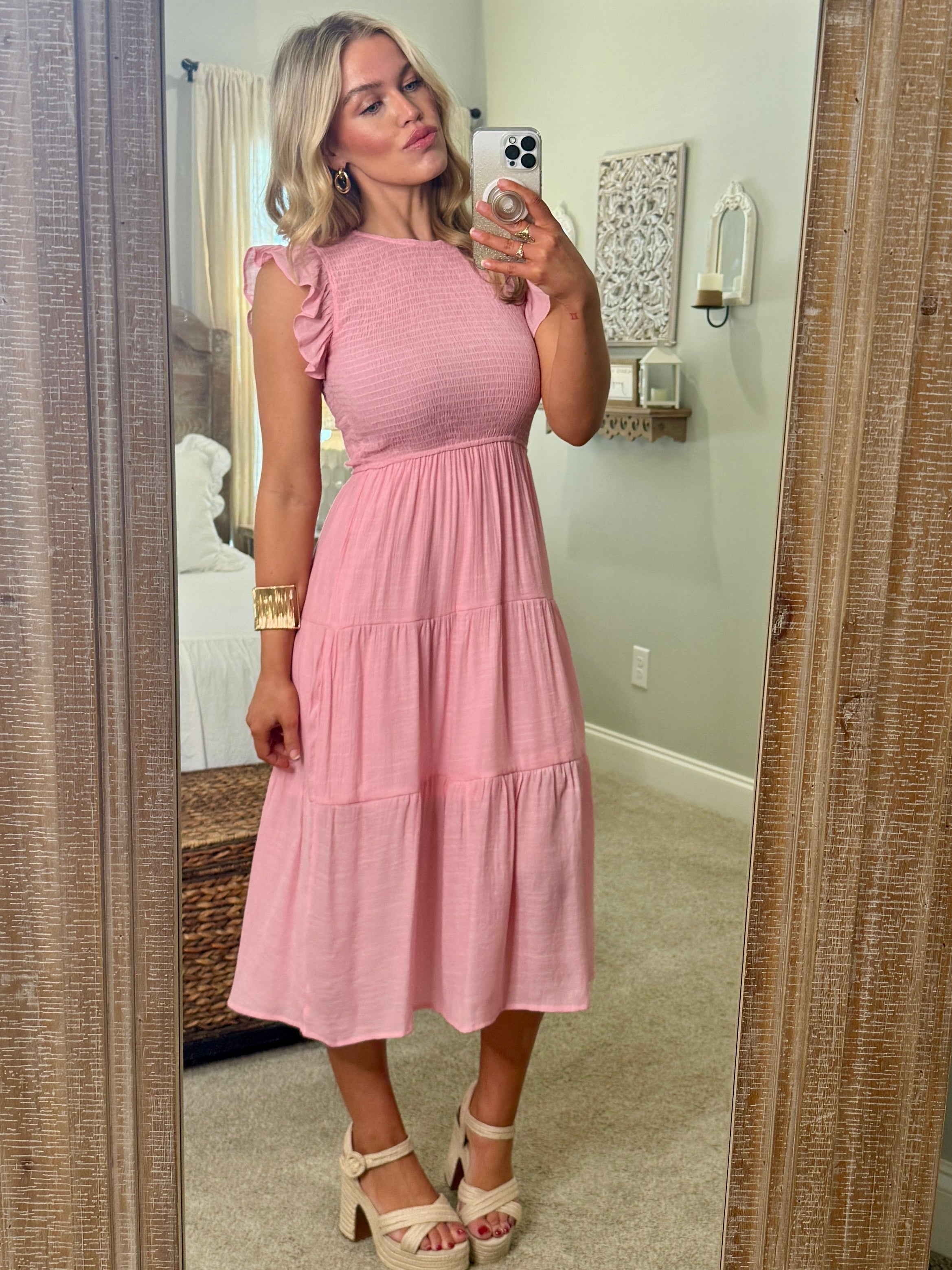 smocked dress women NORA Smocked Midi Dress (Pink) | Women's | Sizes S-XL
