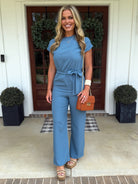 EMILY Jumpsuit With Waist Tie Belt (Blue) - Sassy and Southern
