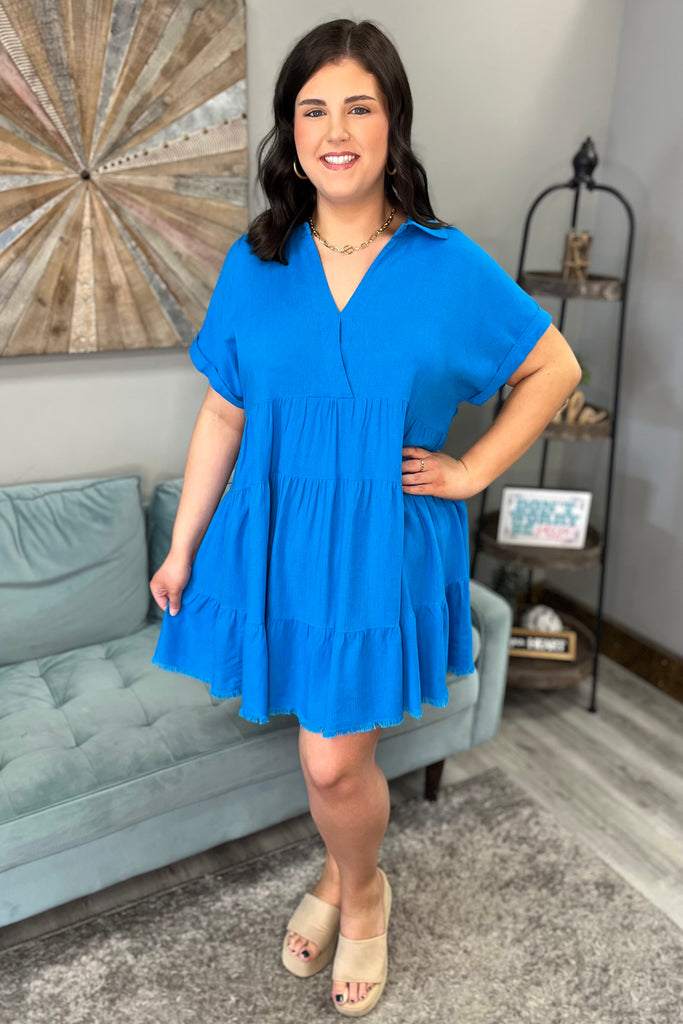 INDY Collared Dress With Frayed Trim (Blue) (Plus Size) - Sassy & Southern
