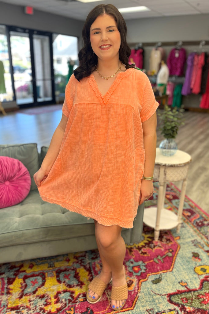 AVERY Mineral Washed Mini Dress (Coral) - Sassy & Southern