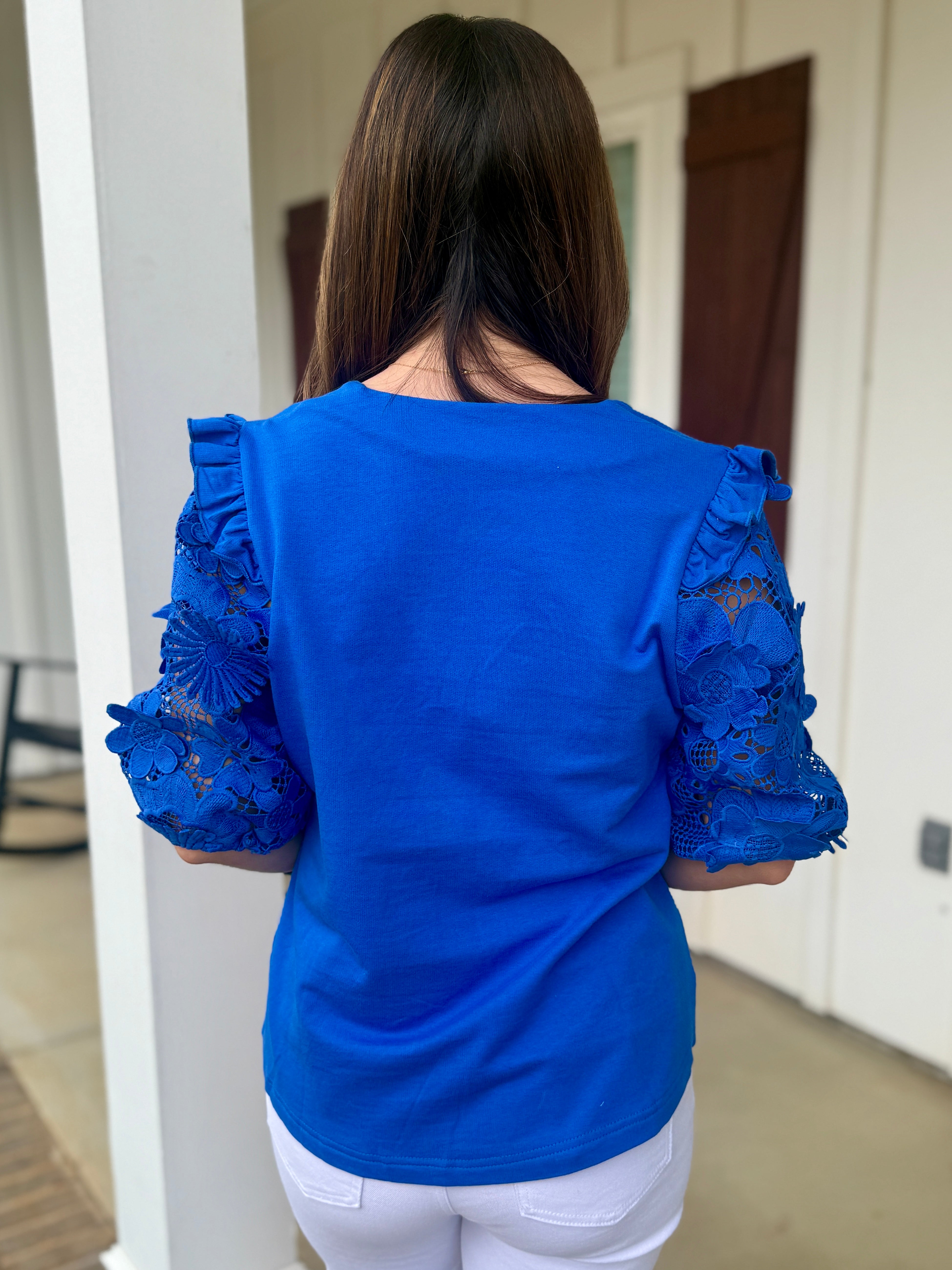JANE Floral 3D Lace Sleeve Top (Blue) | Women's | Sizes S-XL