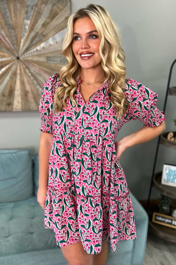 TULIP Balloon Sleeve Dress With Tie (Pink Mix) - Sassy & Southern