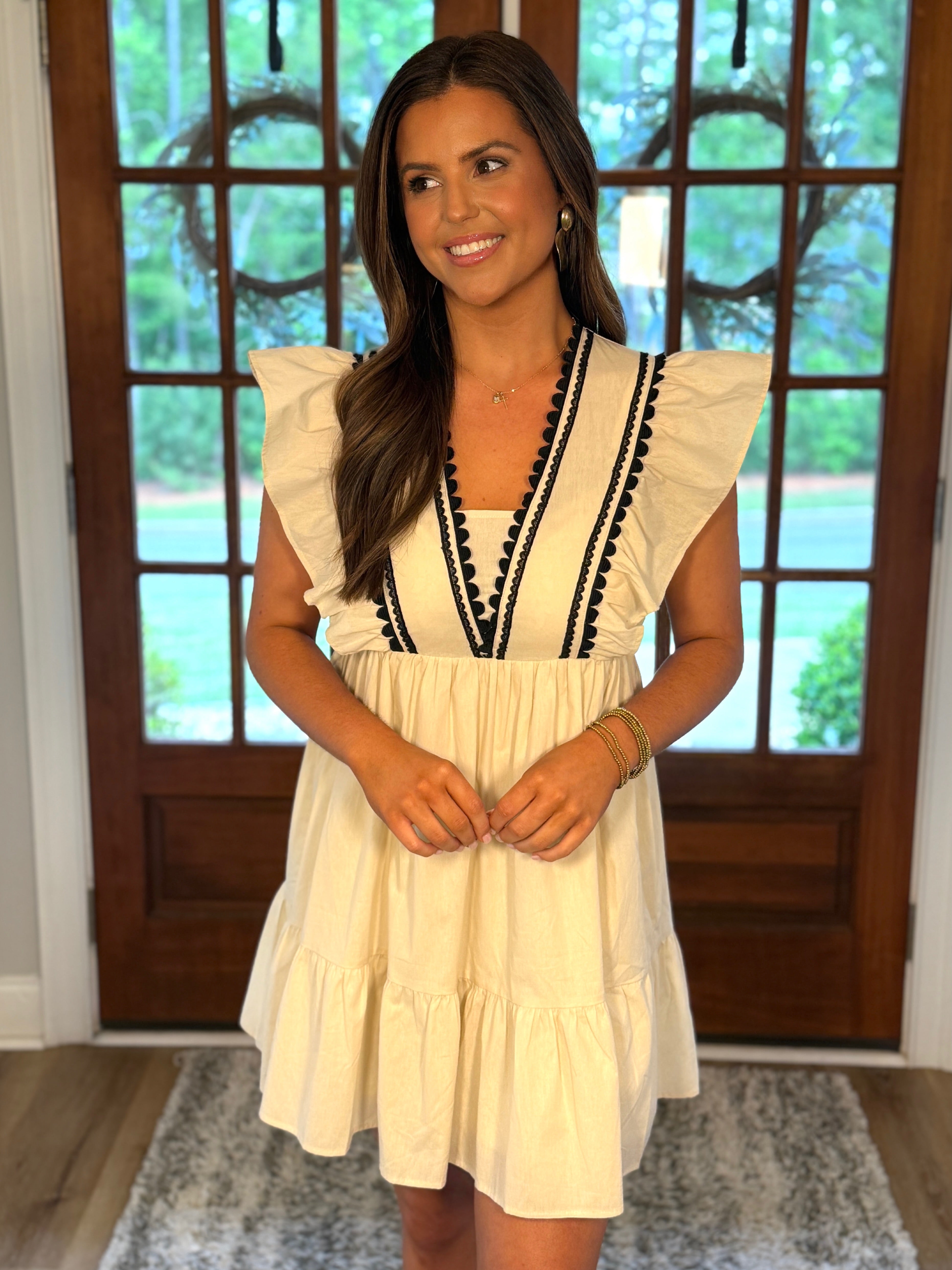 ANNA Cream Ruffle Dress With Black Trim | Women's | Sizes S-XL
