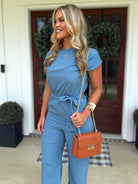EMILY Jumpsuit With Waist Tie Belt (Blue) - Sassy and Southern