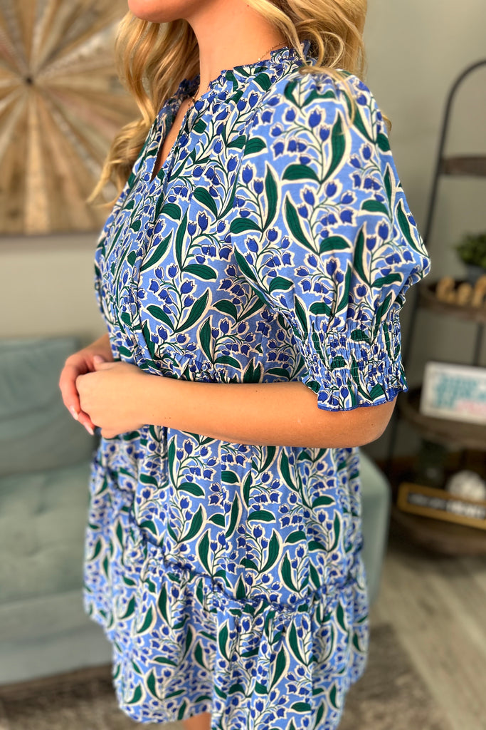 TULIP Balloon Sleeve Dress With Tie (Blue Mix) - Sassy & Southern