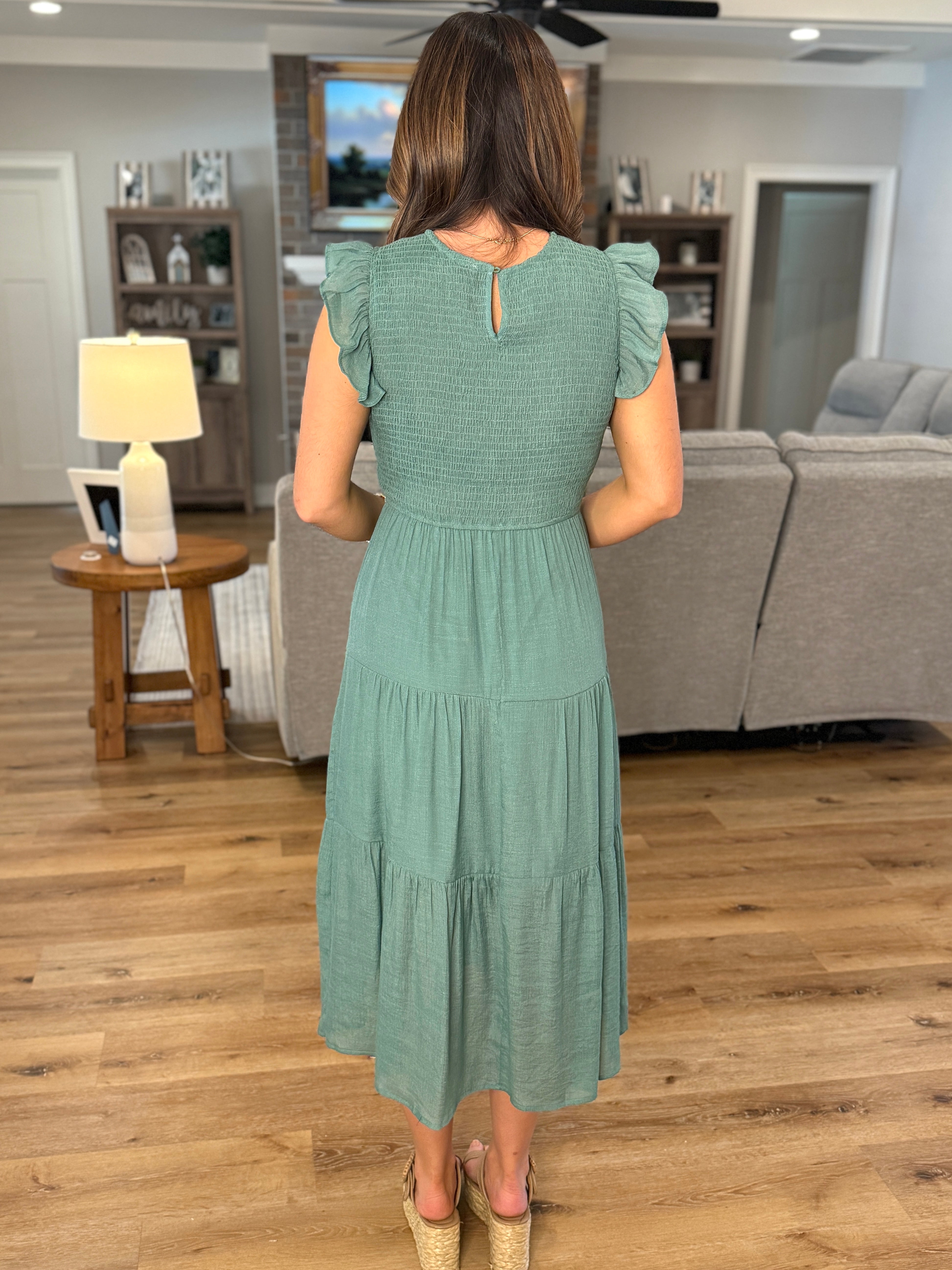 sage smocked midi dress Sage Smocked Button Front Linen Blend Midi Dress