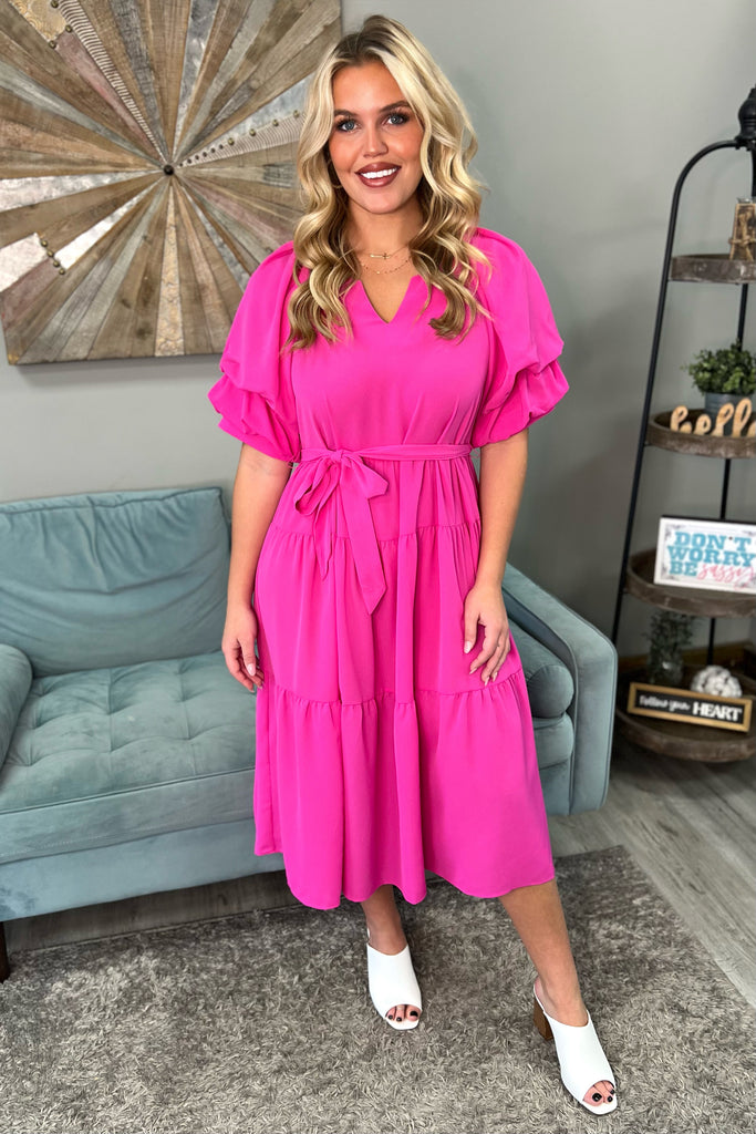 MADISON Ruffled Tiered Maxi Dress With Belt Tie (Hot Pink) - Sassy & Southern