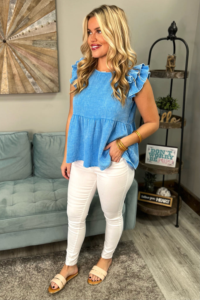 CHARITY Acid Washed Ruffle Top (Sky Blue) - Sassy & Southern