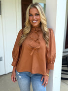 MARGARET Dressy Blouse With Bow Center (Toffee) - Sassy and Southern