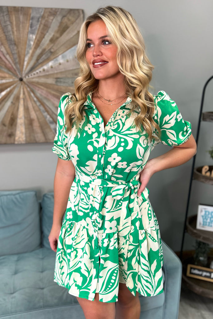 RUTH Floral Print Button Down Dress (Kelly Green) - Sassy & Southern