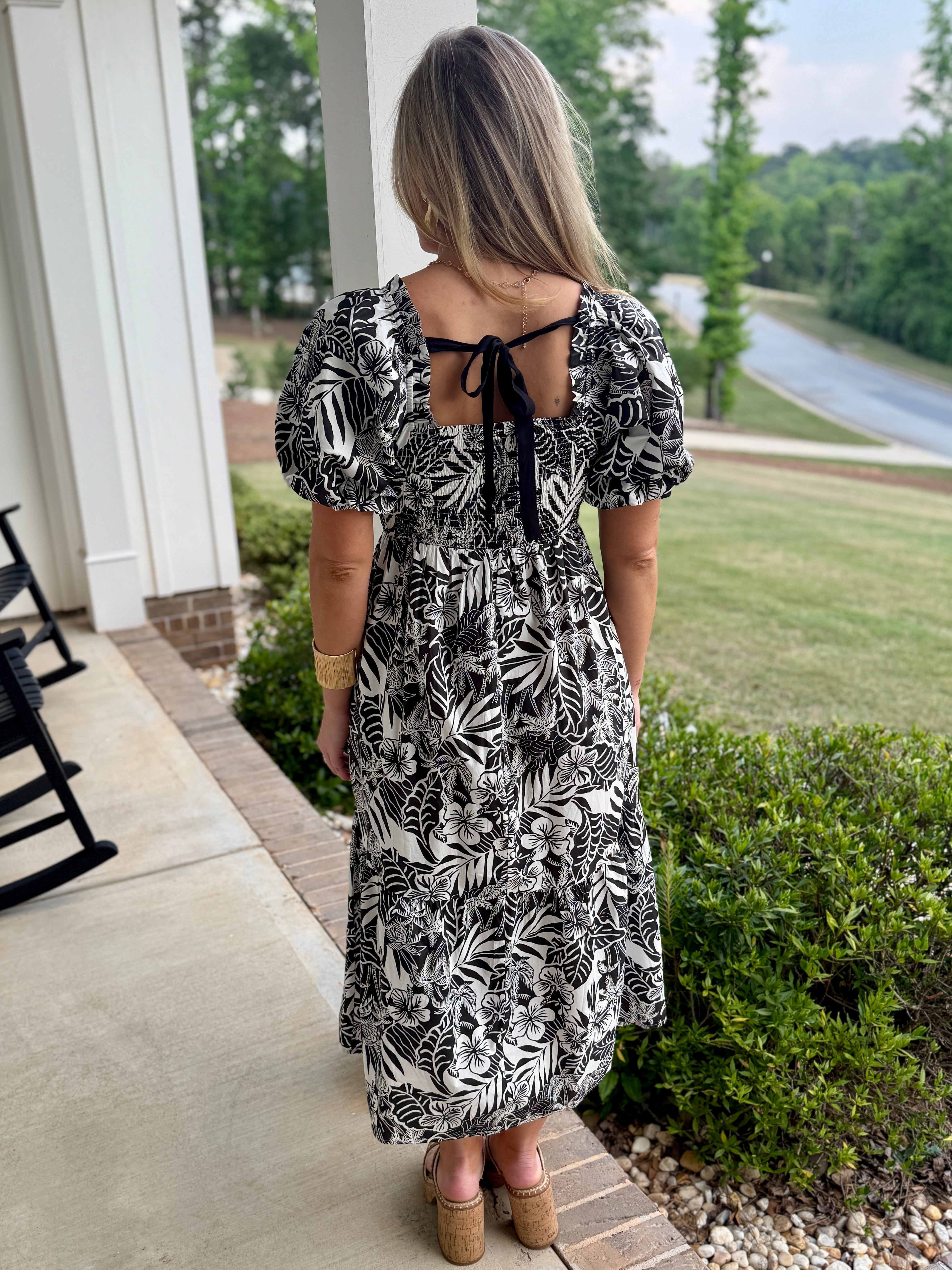 HALLIE Black & White Midi Dress (Floral/Tropical) | Women's