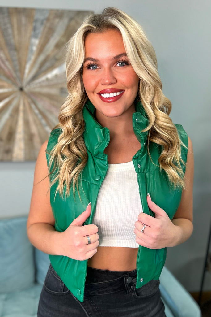 CLARA Leather Puffer Vest (Kelly Green) - Sassy & Southern