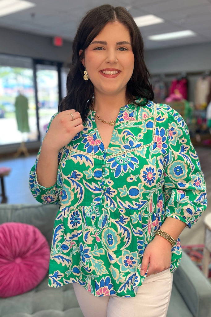 LILAH Floral Print Top With Buttons (Green) (Plus Size) - Sassy & Southern