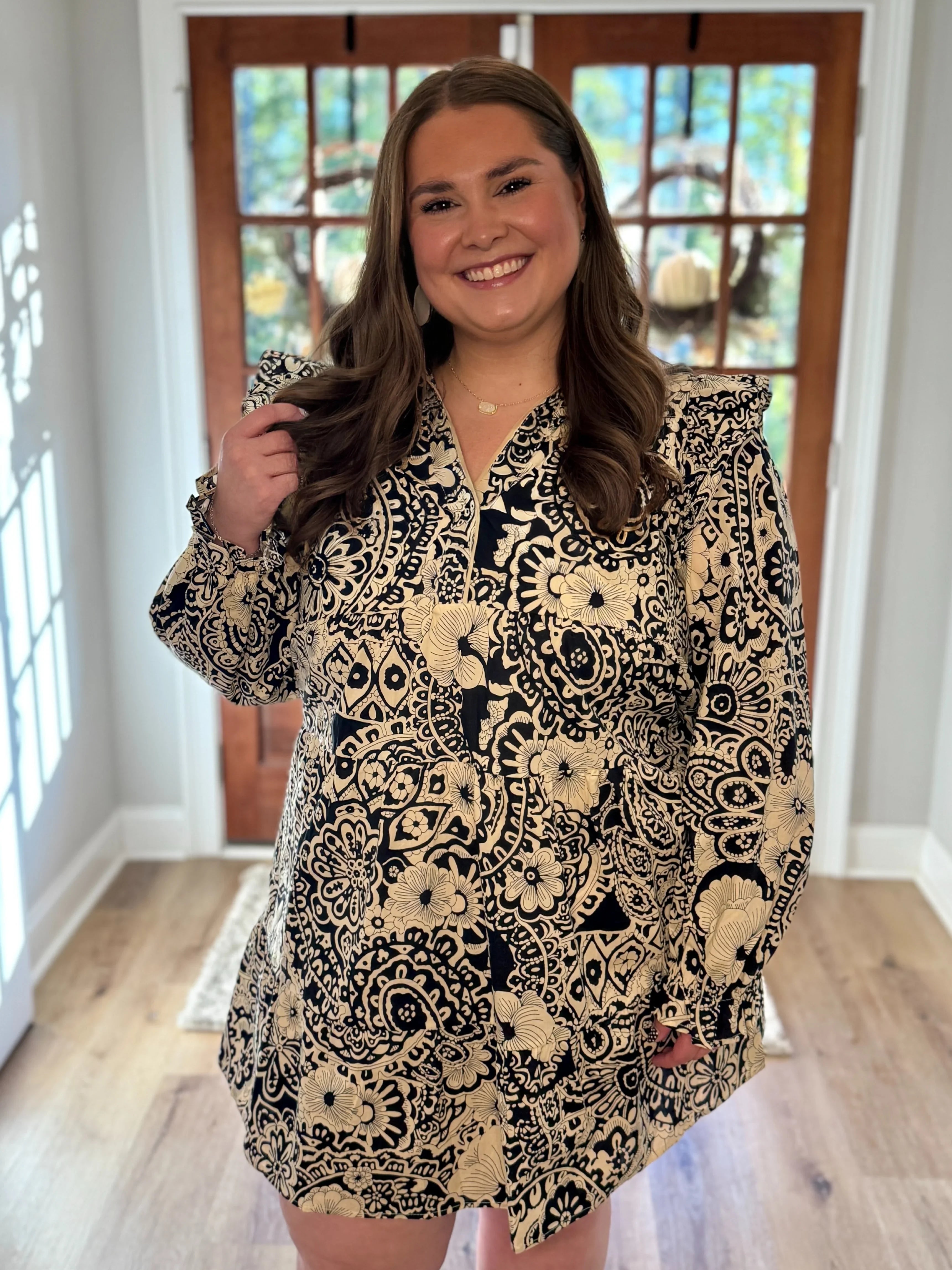 PAISLEY Plus Size Mixed Print Ruffle Dress (Black) | Plus Size