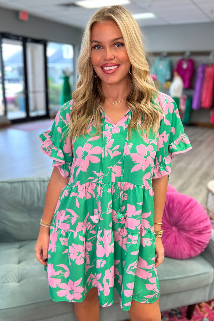 DIANA Two Tone Tiered Dress (Green/Pink) - Sassy & Southern