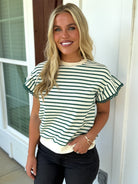 TATUM Green Striped Top With Ruffle Sleeves - Sassy and Southern