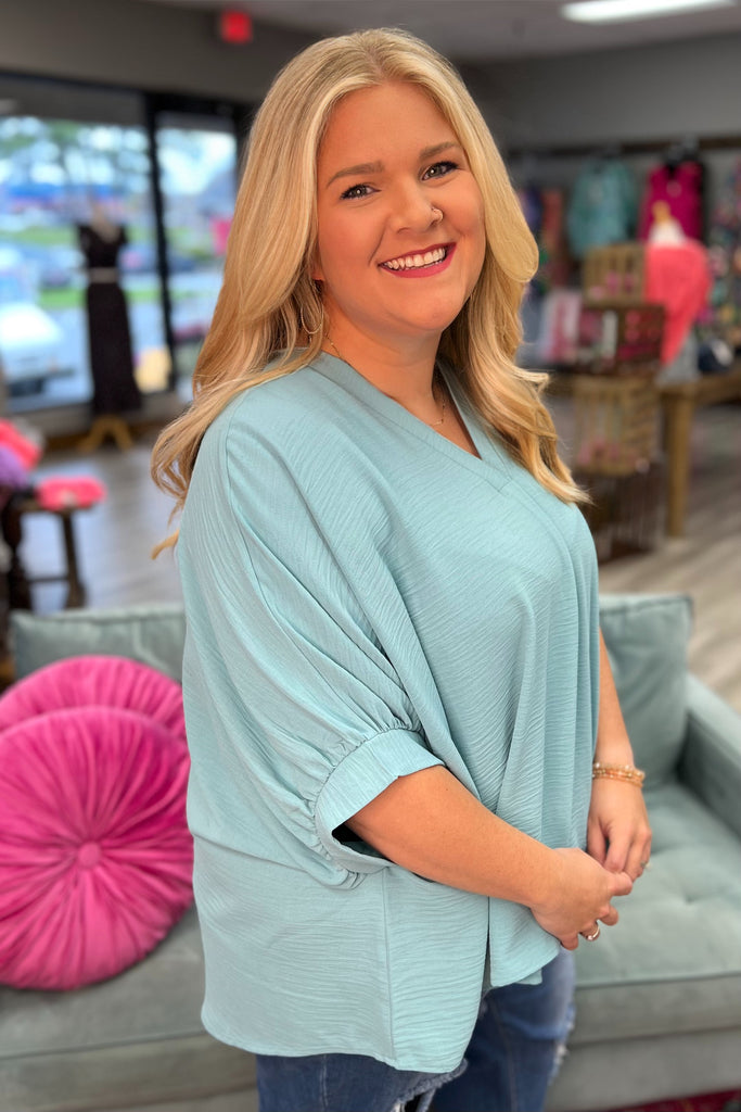 MILA Puff Half Sleeve Oversized Top (Teal) (Plus Size) - Sassy & Southern
