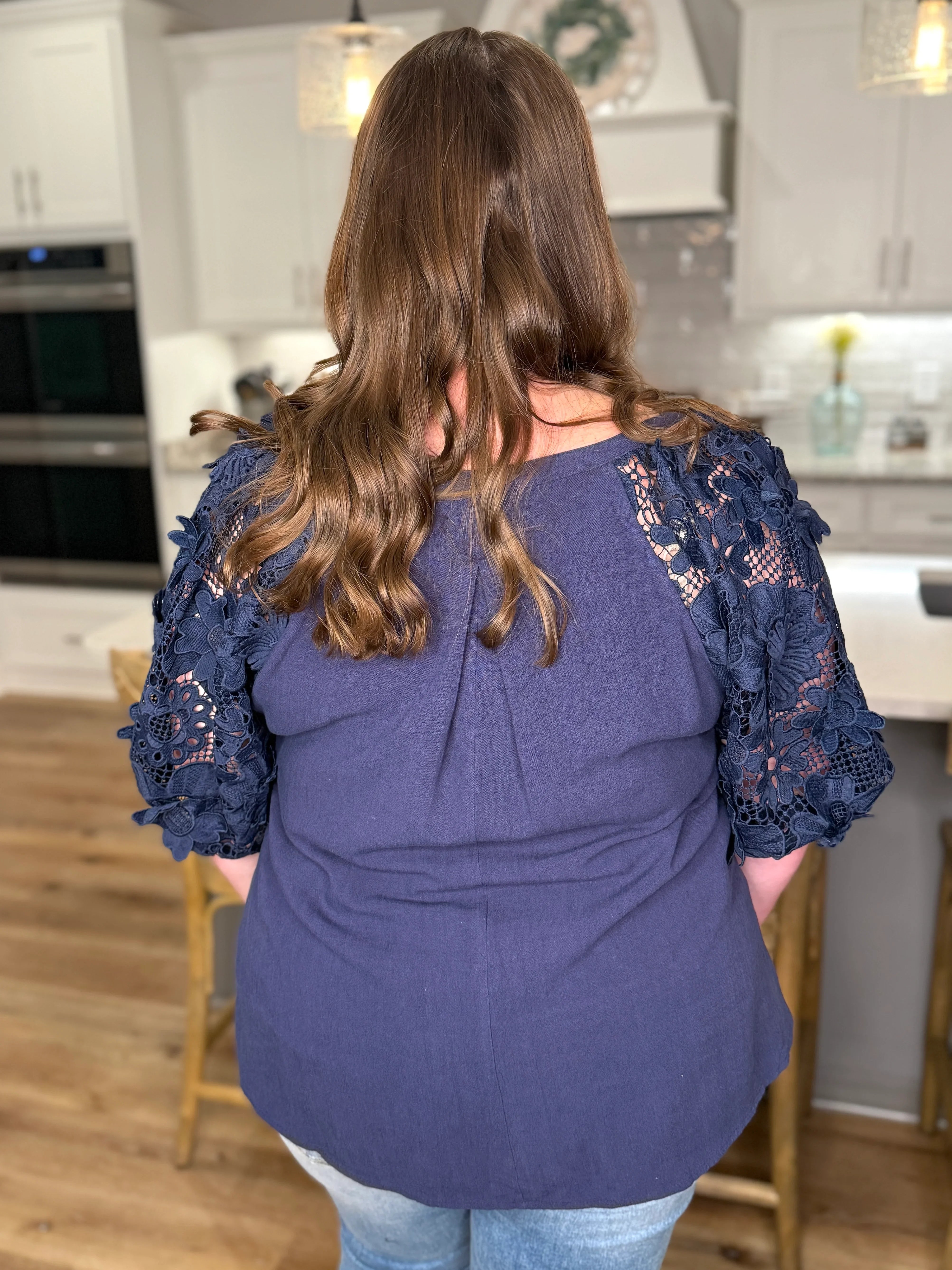 JOSIE Plus Size Floral Cutout Puff Sleeve Top (Navy) | Plus Size