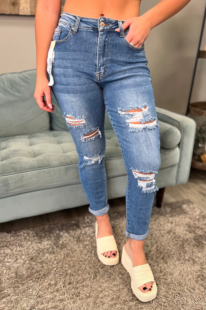 Destructed Rolled Cuff Mom Jeans With Holes - Sassy & Southern