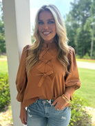 MARGARET Dressy Blouse With Bow Center (Toffee) - Sassy and Southern