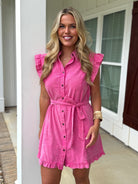 ANNIE Ruffle Button Down Dress (Pink) - Sassy and Southern