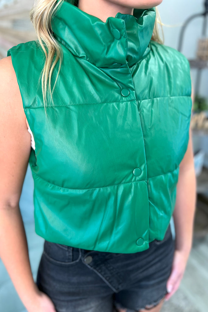 CLARA Leather Puffer Vest (Kelly Green) - Sassy & Southern