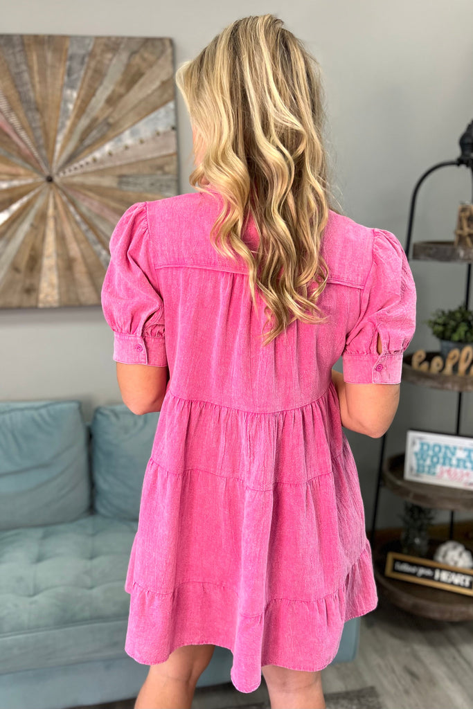 REBECCA Mineral Washed Collared Dress (Hot Pink) - Sassy & Southern
