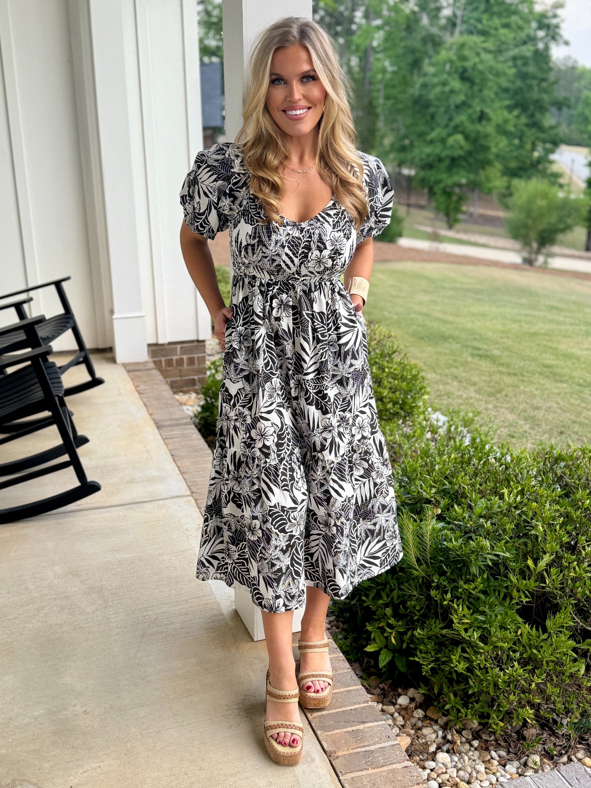 HALLIE Black & White Midi Dress (Floral/Tropical) | Women's
