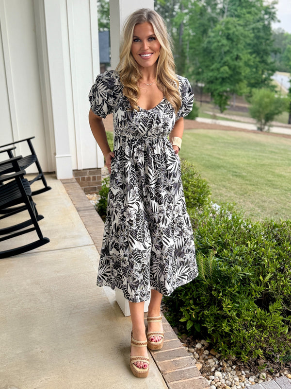 HALLIE Black & White Midi Dress (Floral/Tropical) | Women's